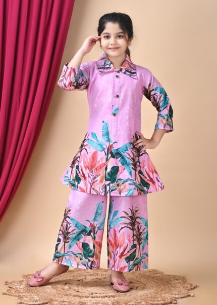 Girls Pink Tropical Printed Top with Palazzo Set