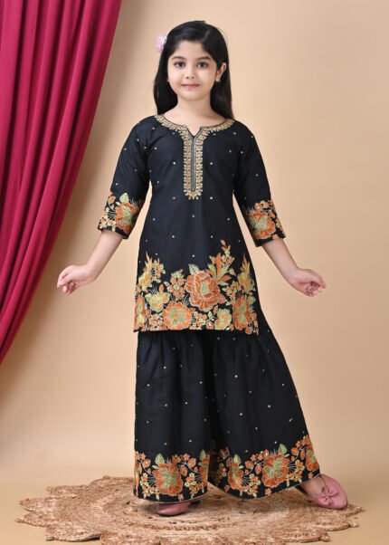 Girls Black Floral Embroidered Kurti with Sharara Set