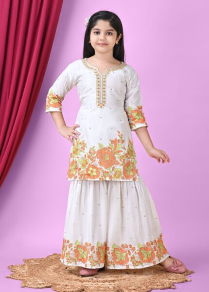Girls White Floral Embroidered Kurti with Sharara Set